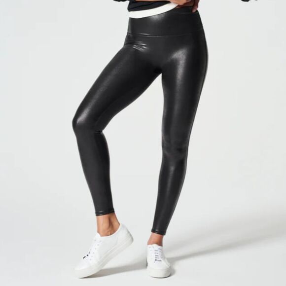 Spanx Shape Liquid Faux Leather Leggings Black Compression Shaping Women's L EUC - Picture 1 of 12